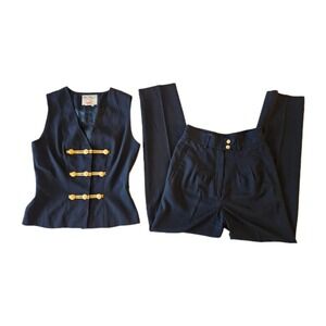 Vtg Mondi Navy Gold Buttons Vest + Pants Classic Nautical Band Uniformcore Set S